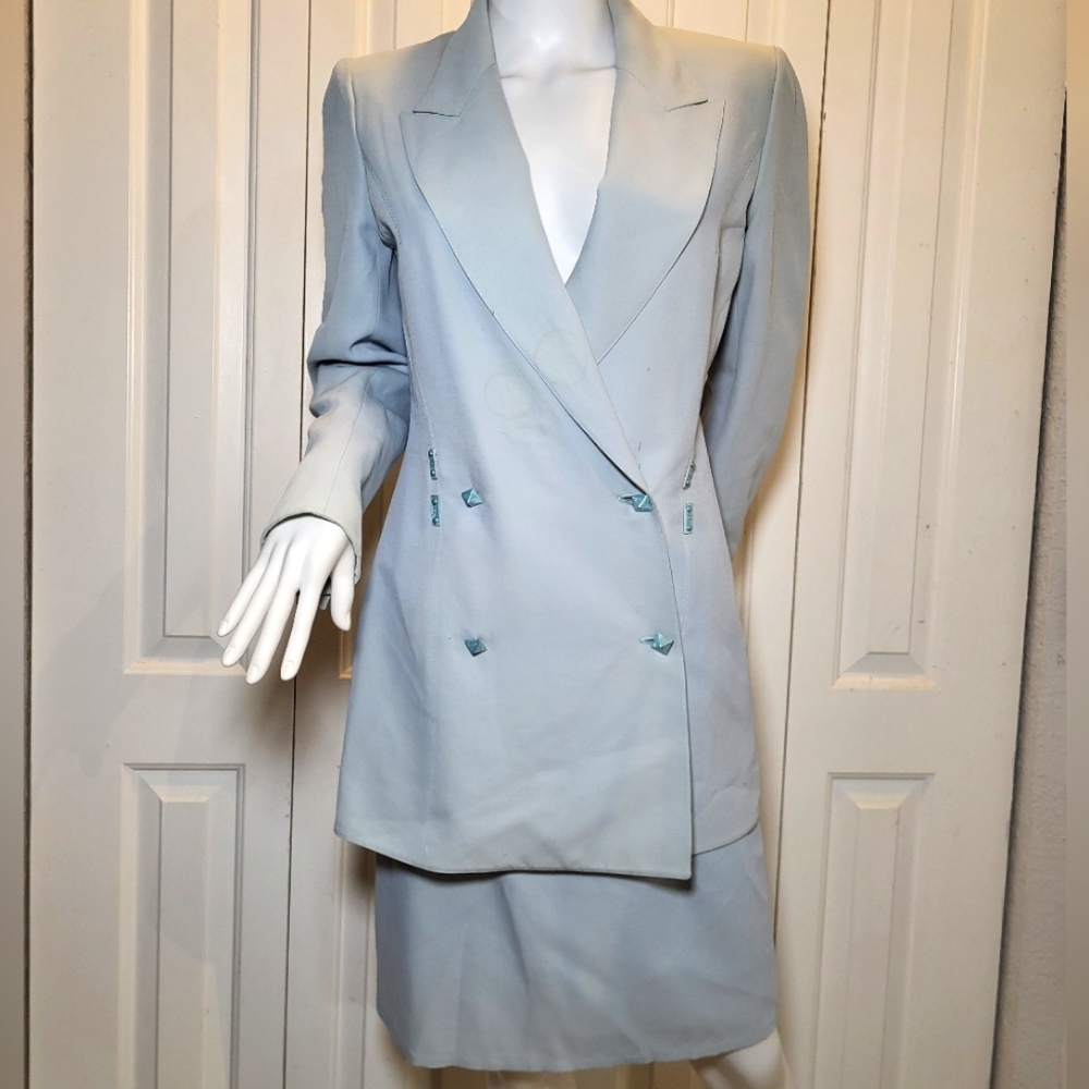 Claude Montana Vintage Elegant Light Blue Blazer And Skirt